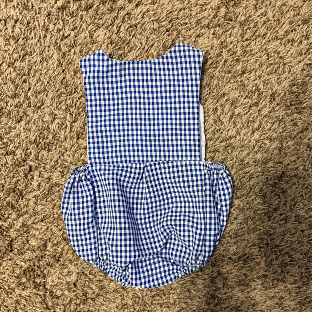 Blue Gingham Romper with Train Embroidery